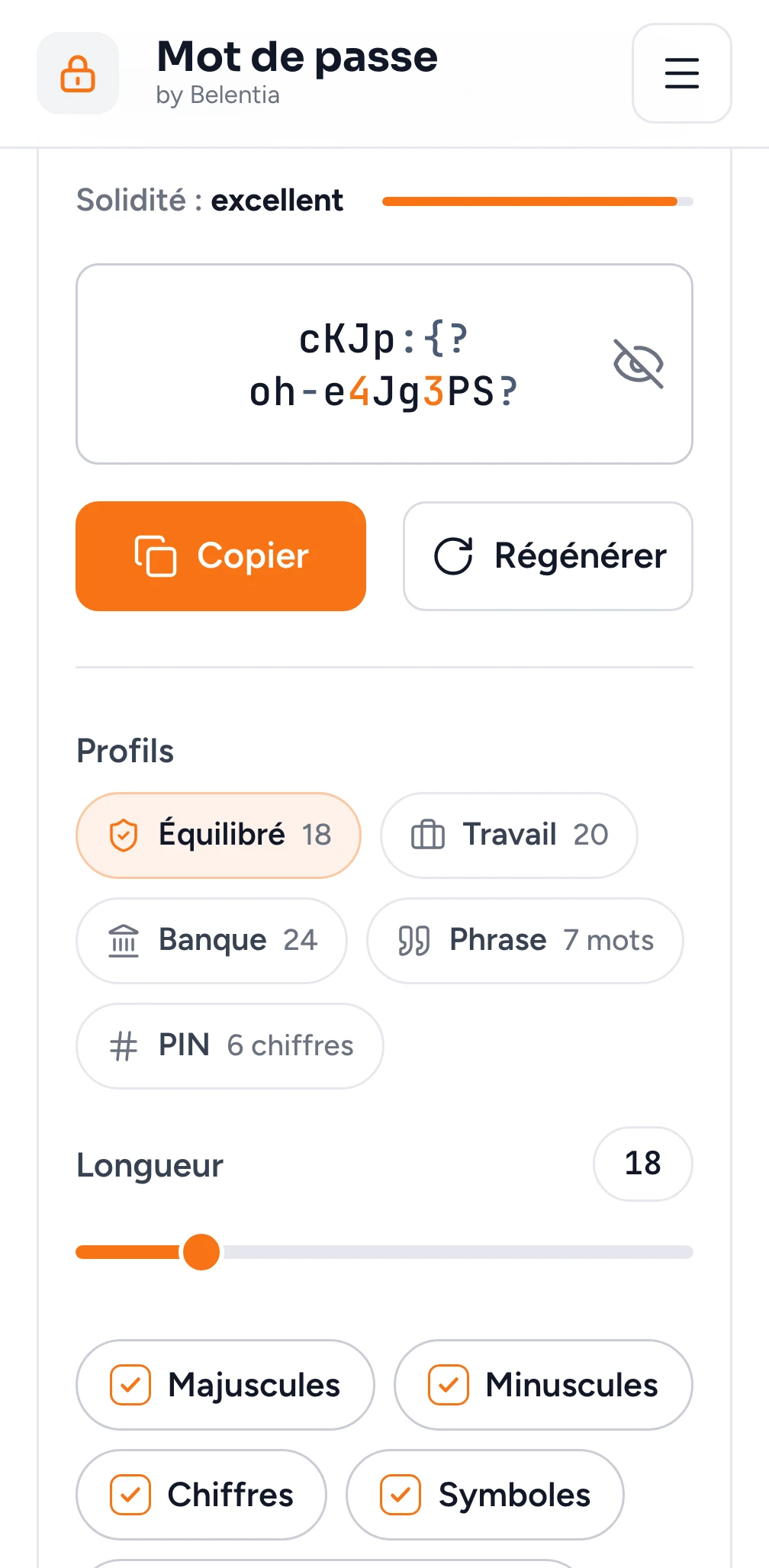 Le générateur sur téléphone, onglet Mot de passe : un mot de passe de 18 caractères, la solidité « excellent », les boutons Copier et Régénérer, la longueur à 18 et les pastilles Majuscules, Minuscules, Chiffres et Symboles cochées.