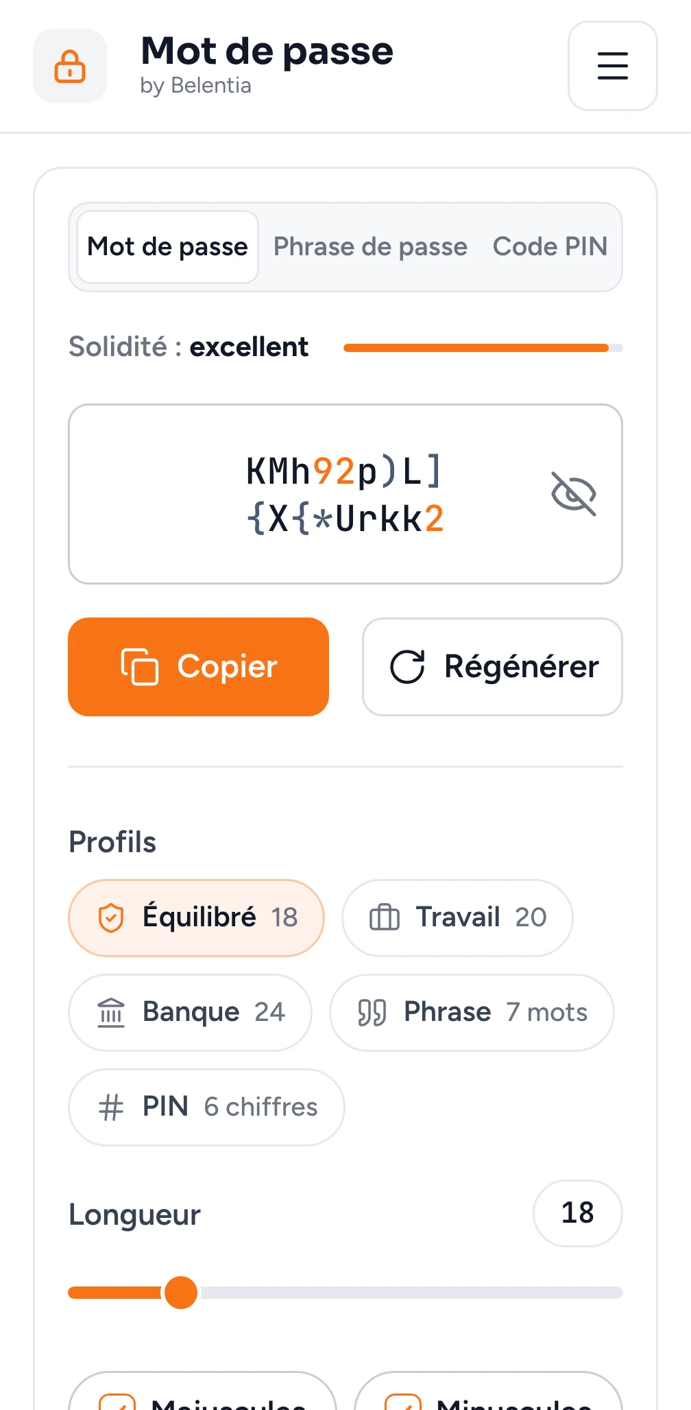 Le même générateur sur téléphone, onglet Mot de passe : un mot de passe de 18 caractères, la solidité « excellent », les boutons Copier et Régénérer, les profils et la longueur à 18.