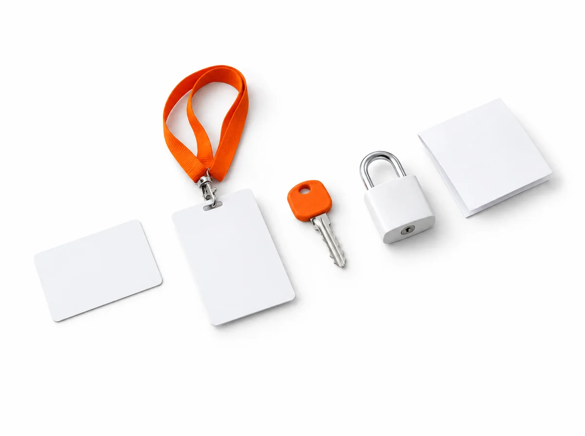Illustration : une carte bancaire vierge, un badge de travail sur cordon orange, une clé à tête orange, un petit cadenas et une note pliée, posés sur une table blanche.
